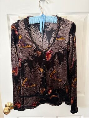 Betsey Johnson Black Velvet Butterfly Button-Front Top and matching skirt.